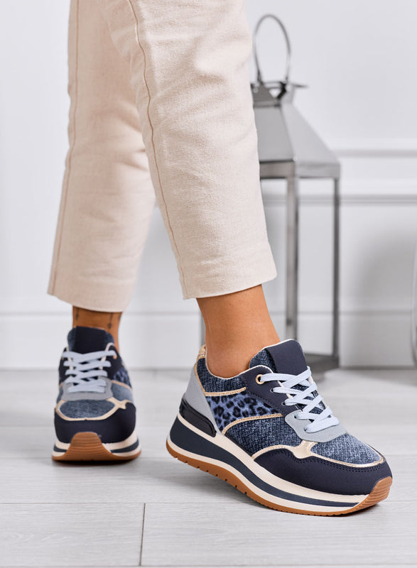 ATENE - Sneakers blu con dettagli animalier e suola alta