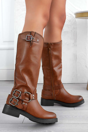 Brown biker boots with buckles