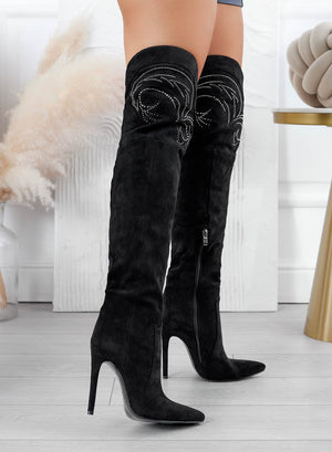 Black over-the-knee boots with rhinestones