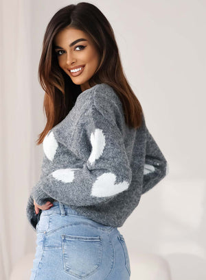 Gray sweater with white hearts