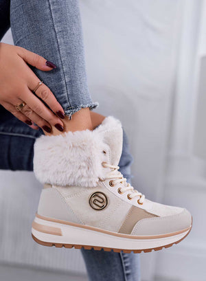 Beige wedge sneakers with faux fur trim