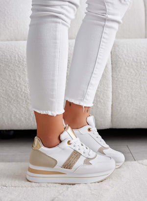 White sneakers with gold inserts and rhinestones