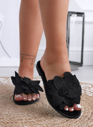 MELODY - Black slide sandals with applied flower