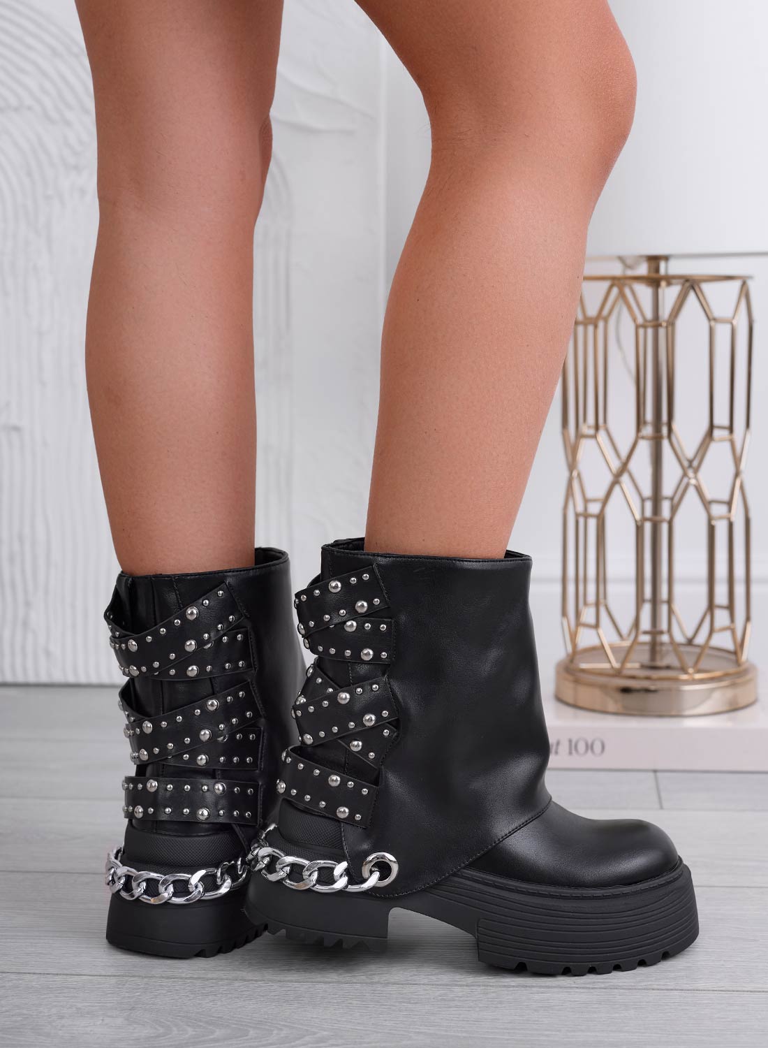 PEREZ - Black biker ankle boots with studs and chains