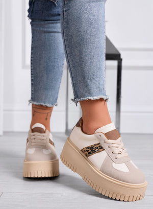 SHELBY - Beige Platform Sneakers with Leopard Animal Print Inserts