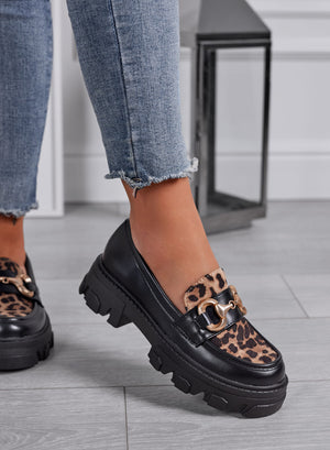 URSULA - Black women's loafers with lug sole, leopard print insert, and gold buckle