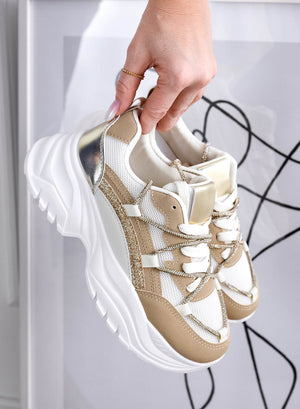 Mud sneakers with glitter inserts and rhinestone laces