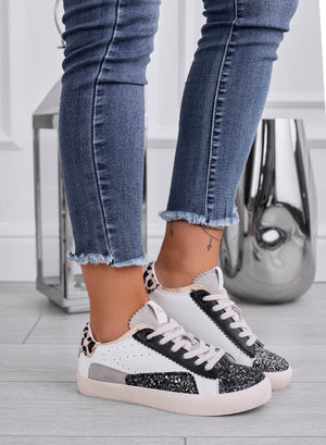 OSCAR - White sneakers with leopard print inserts and black glitter