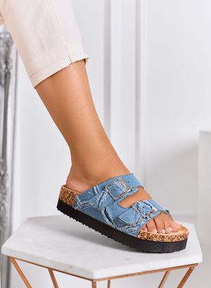 JUPITER - Platform sandals slippers in light blue denim with double buckle