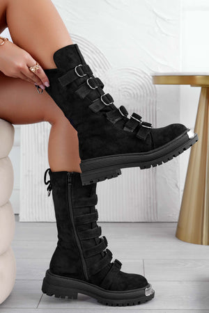 Black combat ankle boots with buckles and silver plate