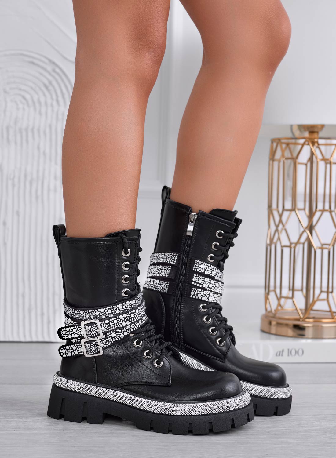 GIOVANNA - Black ankle boots with silver rhinestone bands