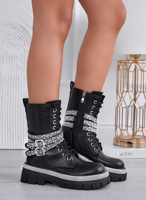 GIOVANNA - Black ankle boots with silver rhinestone bands