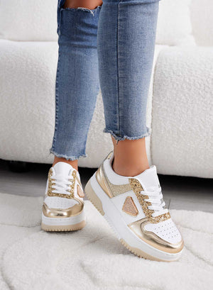 White sneakers with gold glitter inserts