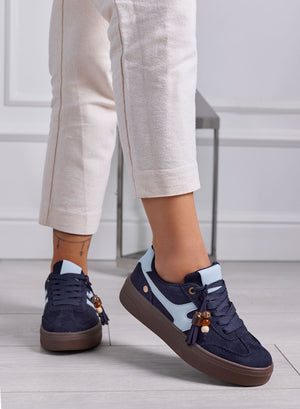 NASTIA - Sneakers Donna blu Scamosciate con Nappine e Perline