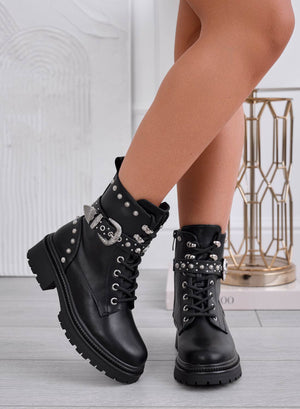 BERNADETTE - Black biker ankle boots with buckles and studs