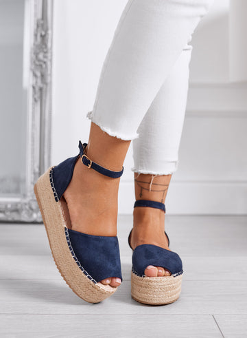 LICIA - Blue suede espadrilles with wedge and ankle strap