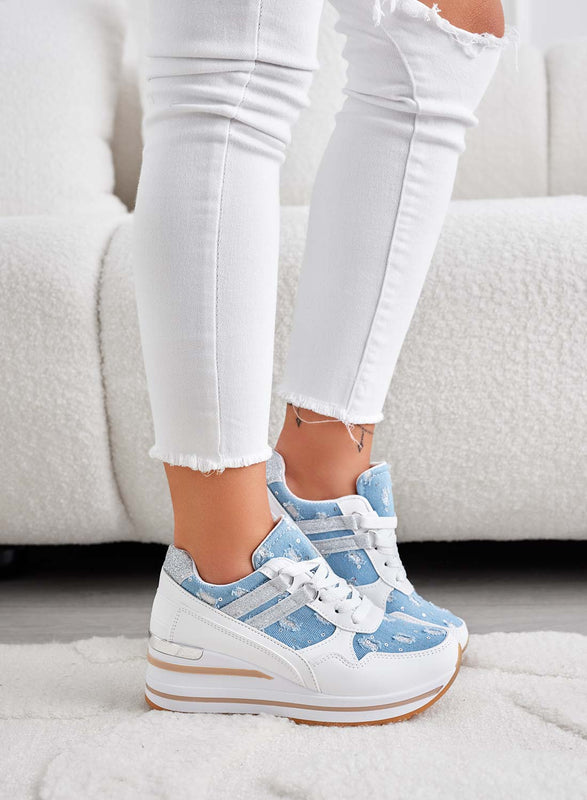 AVERY - Sneakers bianche con zeppa e inserti blu jeans