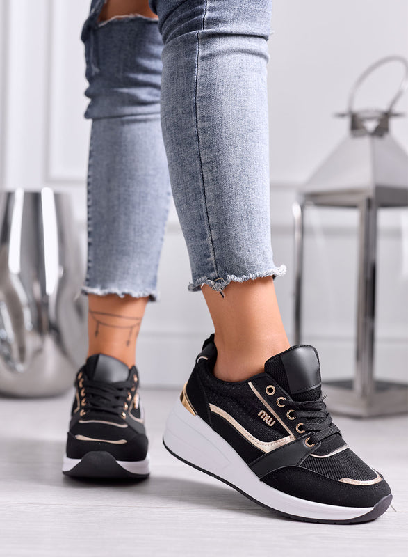 NATALIA - Sneakers Nere Platform con Inserti Oro