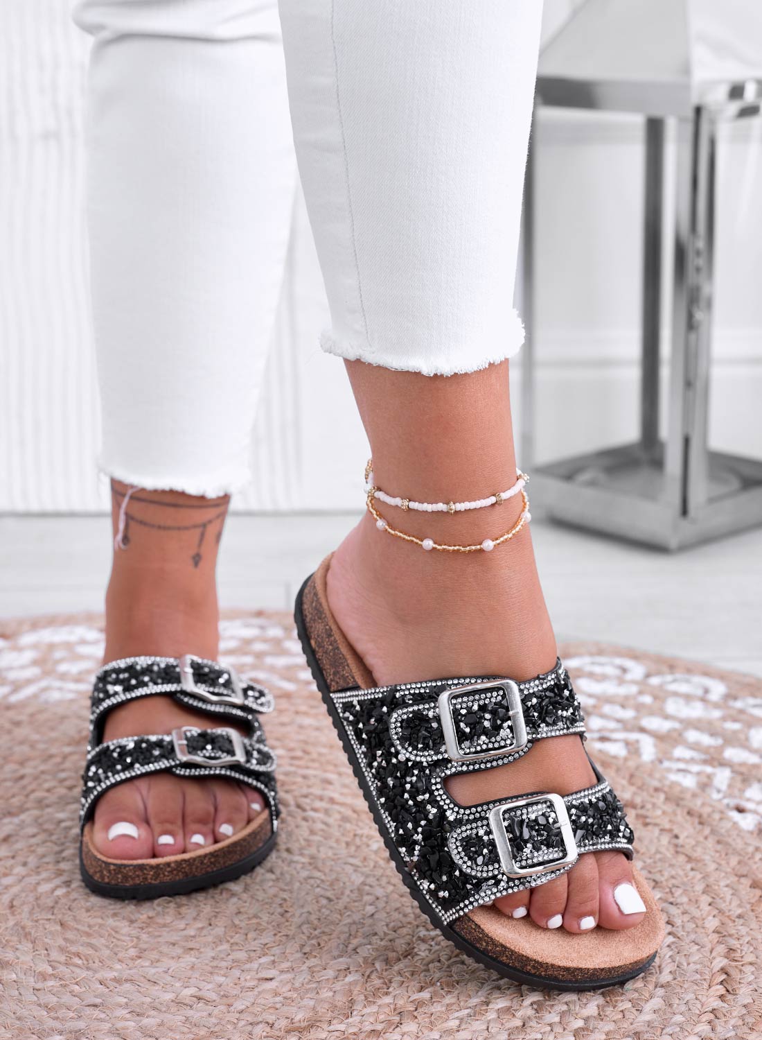 BROOKE - Black jeweled slide sandals with buckles and rhinestones