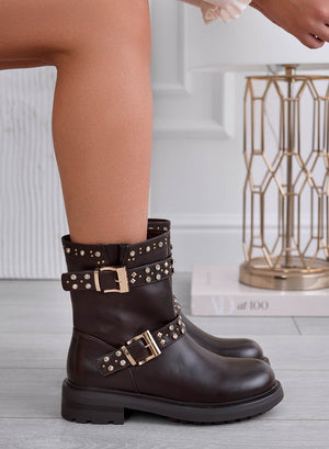 SAMIRA - Brown ankle boots with buckles and gold studs