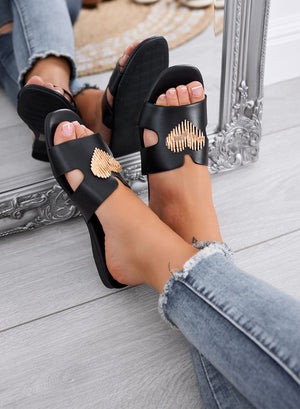 IGGY - Black slide sandals with gold heart embellishment