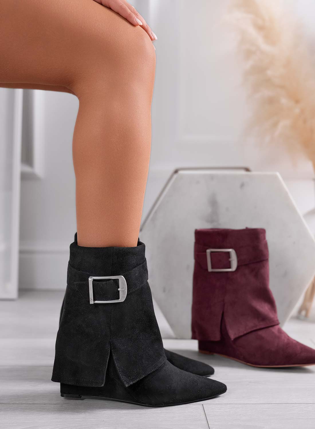 Black suede ankle boots with cuff and wedge