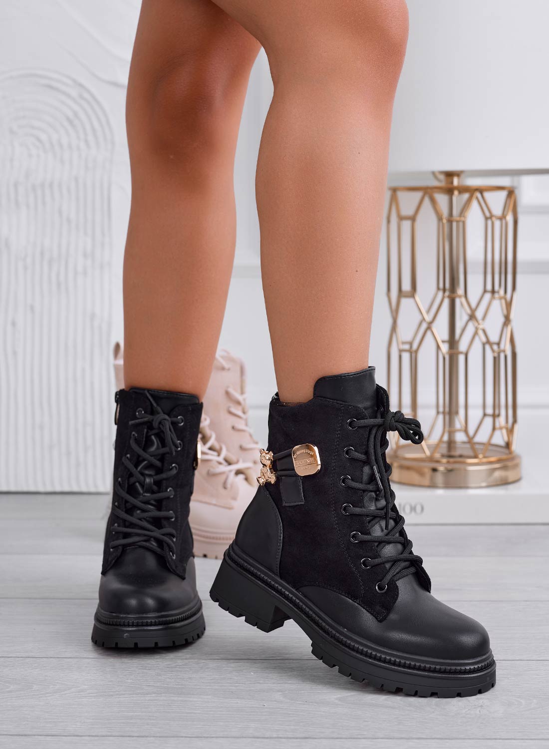 GEMMA - Black combat ankle boots with gold teddy brooch