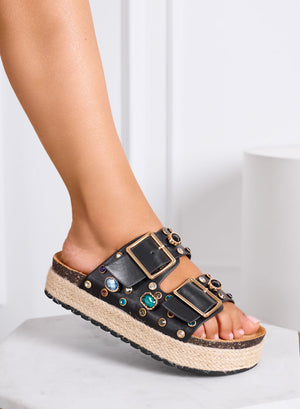 PRISCILLA - Black platform sandals and slides with large buckles and colorful stones