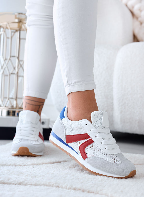 GIULIANA - Baskets grises avec dentelle blanche et empiècements rouges