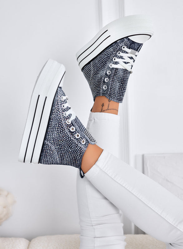 OLGA - Sneakers blu jeans alte con strass e suola platform