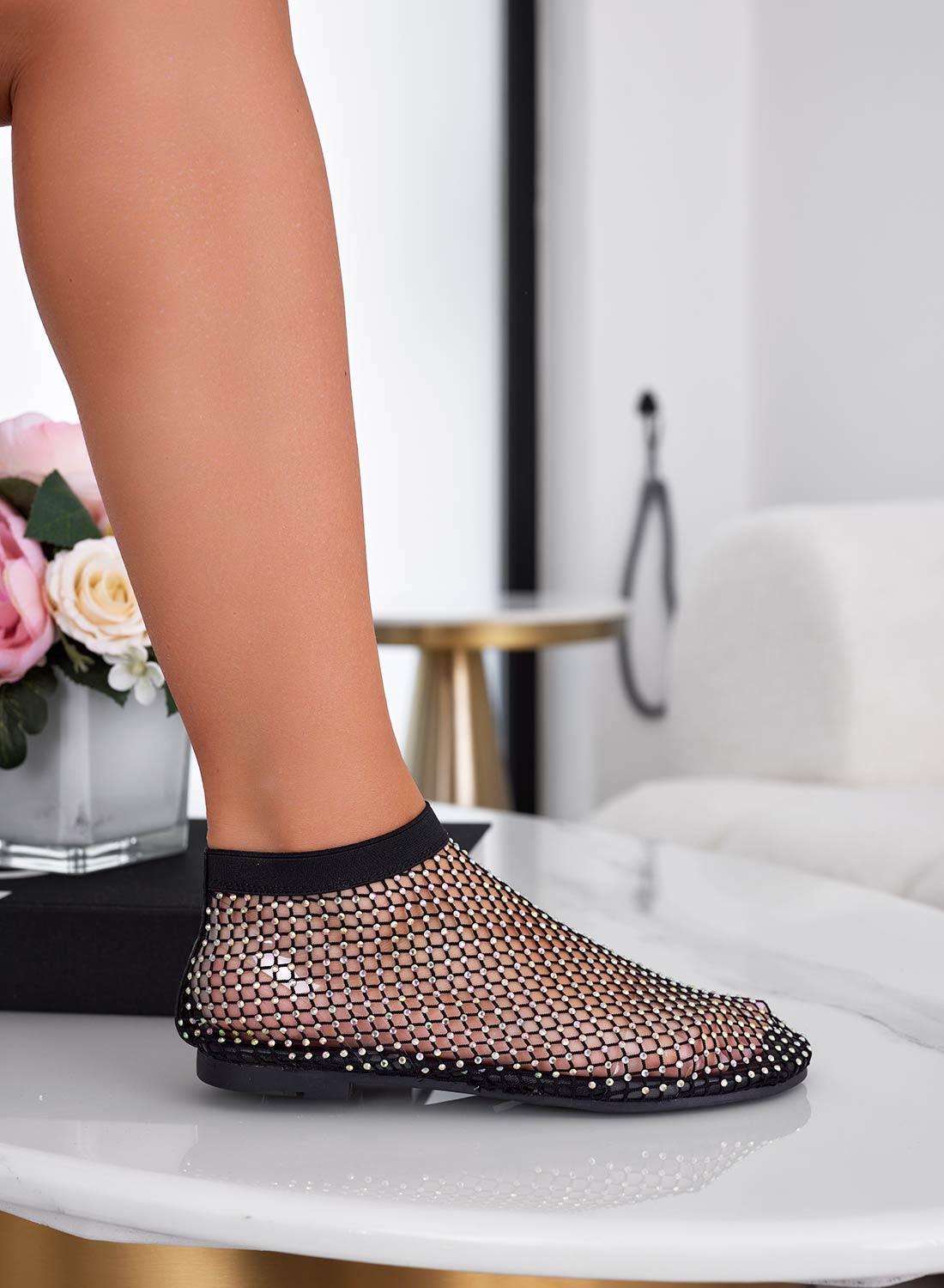 Black mesh ballerina sandals with rhinestones