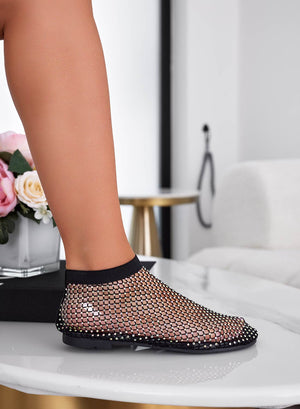 Black mesh ballerina sandals with rhinestones