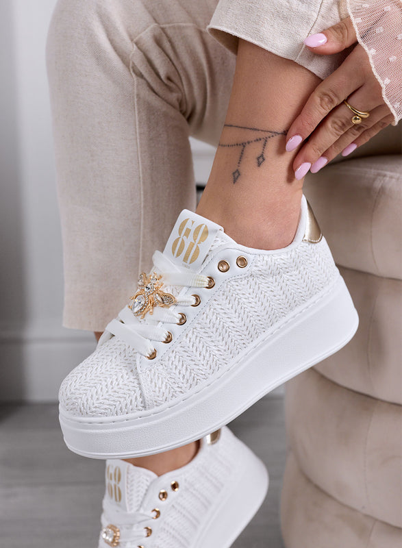 VENERE - White Woven Sneakers with Jewel Bee Applications
