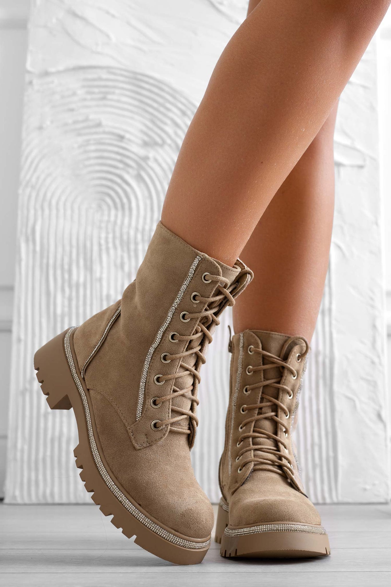 Mud combat ankle boots with rhinestone trim