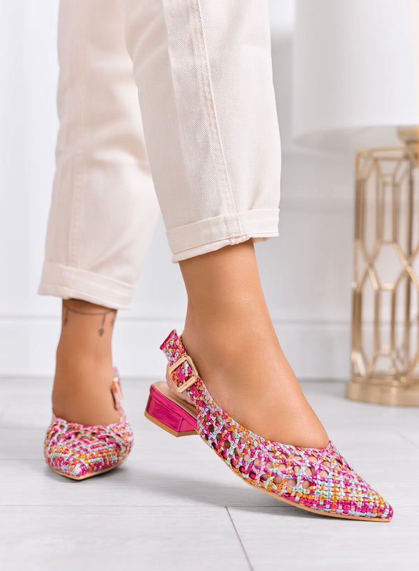 VILDAN - Bailarinas slingback multicolor trenzadas con tacón bajo fucsia