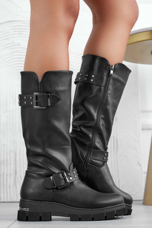 DESTINY - Black biker boots with studs and buckles