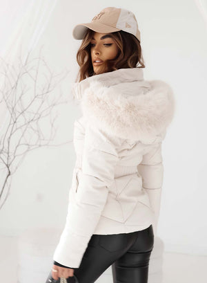 Cream jacket with hood in faux fur