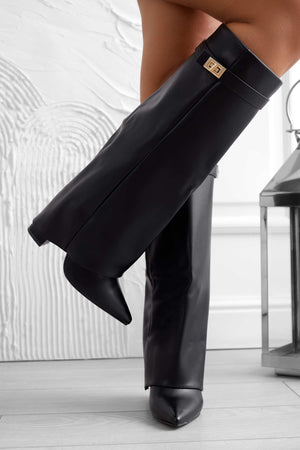 ALBIA - Black high boots with stiletto toe and gold detail
