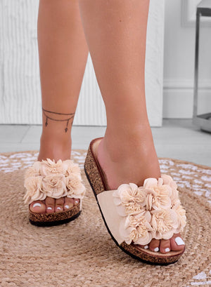 GLASS - Beige cork wedge sandals with flowers