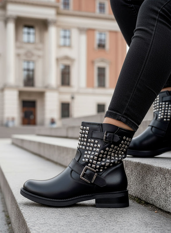 MAXIM - Black biker ankle boots with studs