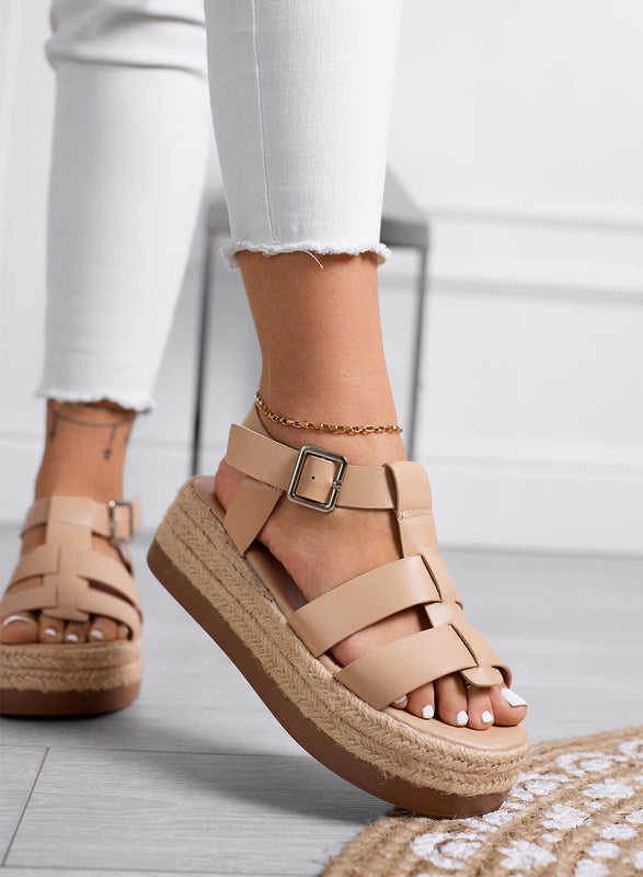 SHELLY - Sandali beige platform con fasce larghe e suola in corda