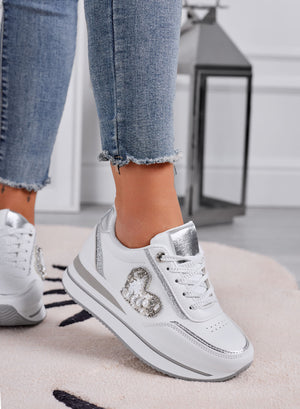 LORELLA - Sneakers bianche con dettagli argento e cuore gioiello