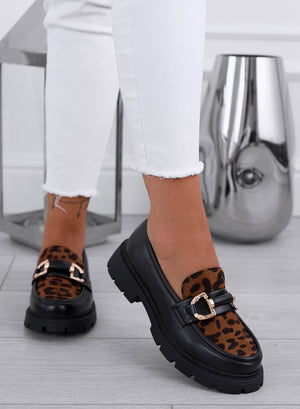 EASY - Black loafers with leopard print inserts