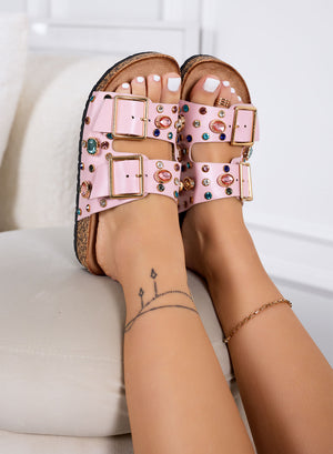 HELENA - Pink sandals Slippers with colorful stones and large golden buckles
