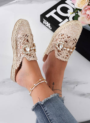 ROSALIA - Espadrillas beige sabot ricamate con applicazione gioiello