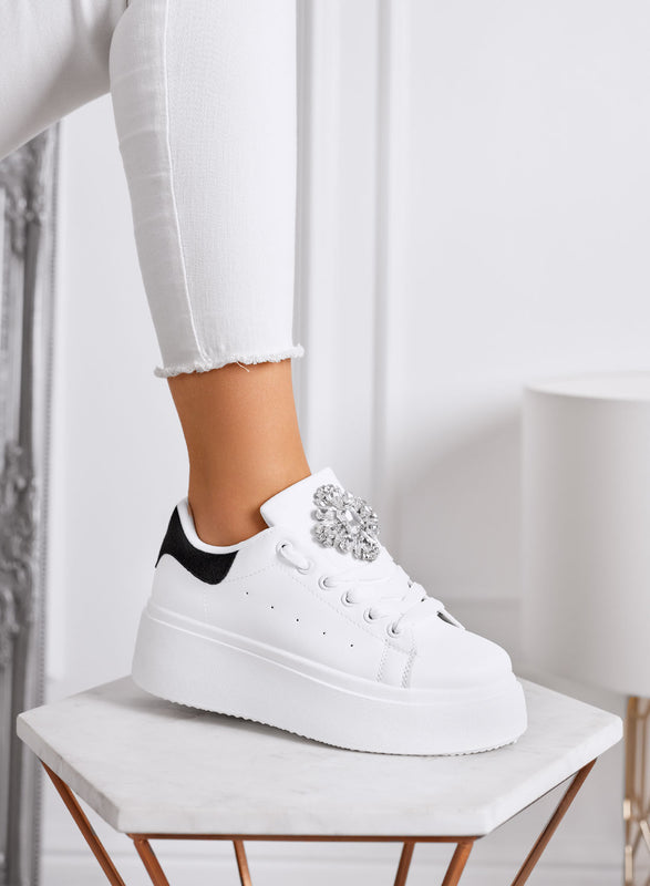 RONNIE - Sneakers bianche platform con retro nero e maxi fiore gioiello