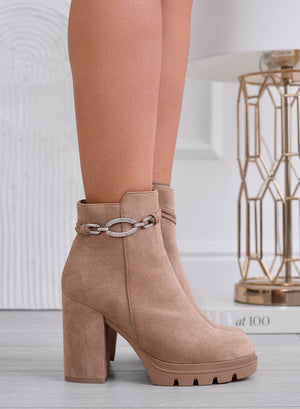 Beige ankle boots with silver jewel embellishment