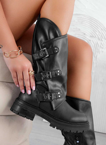 Black biker ankle boots with buckles