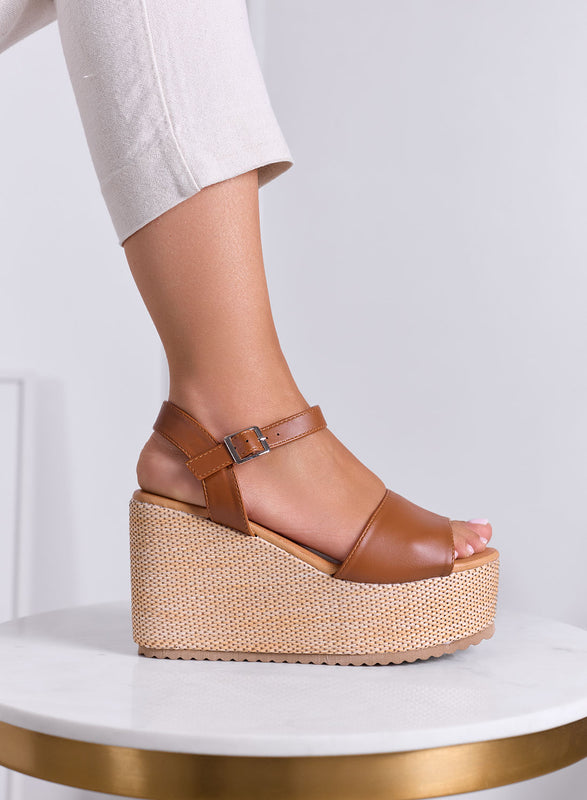 SERENITY - Camel wedge sandals with ankle strap