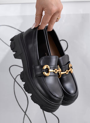 AGNESE - Black loafers with gold buckle